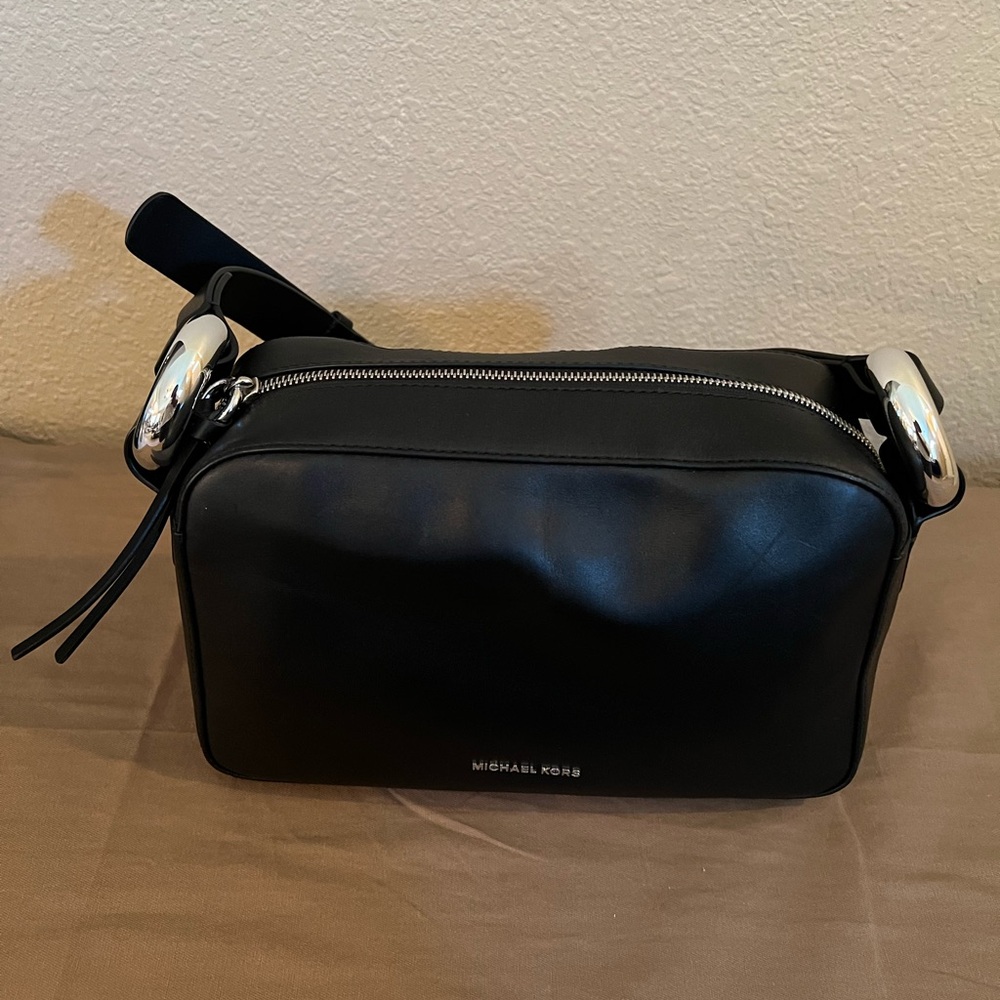 Michael Kors Grand Medium Leather Shoulder Bag Black Silver Hardware